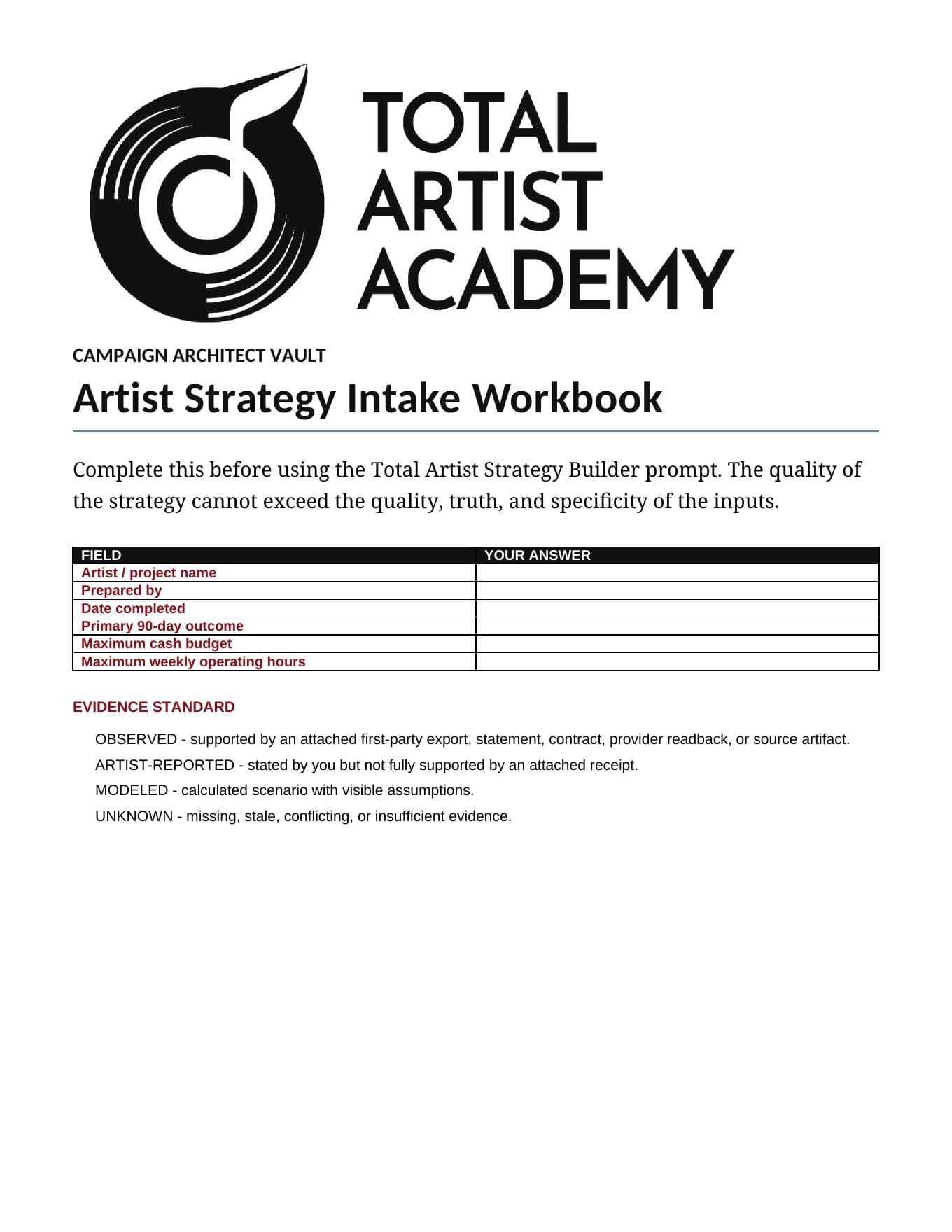 Artist Strategy Intake Workbook page